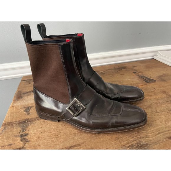 VERSACE Men's Brown Stretch Leather Buckle Boots - Picture 7 of 9